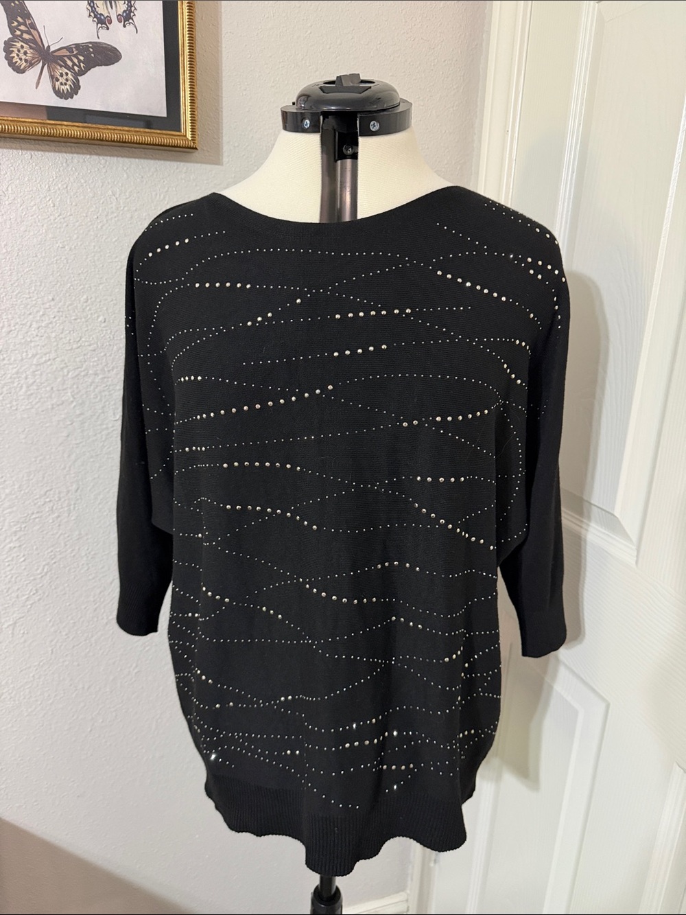 Black Studded Wave Knit Pullover Top